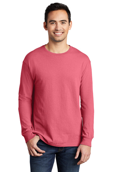 Port & Company PC099LS Mens Beach Wash Long Sleeve Crewneck T-Shirt Fruit Punch Pink Model Front