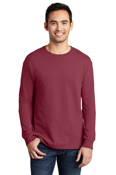 Port & Company PC099LS Mens Beach Wash Long Sleeve Crewneck T-Shirt Merlot Red Model Front