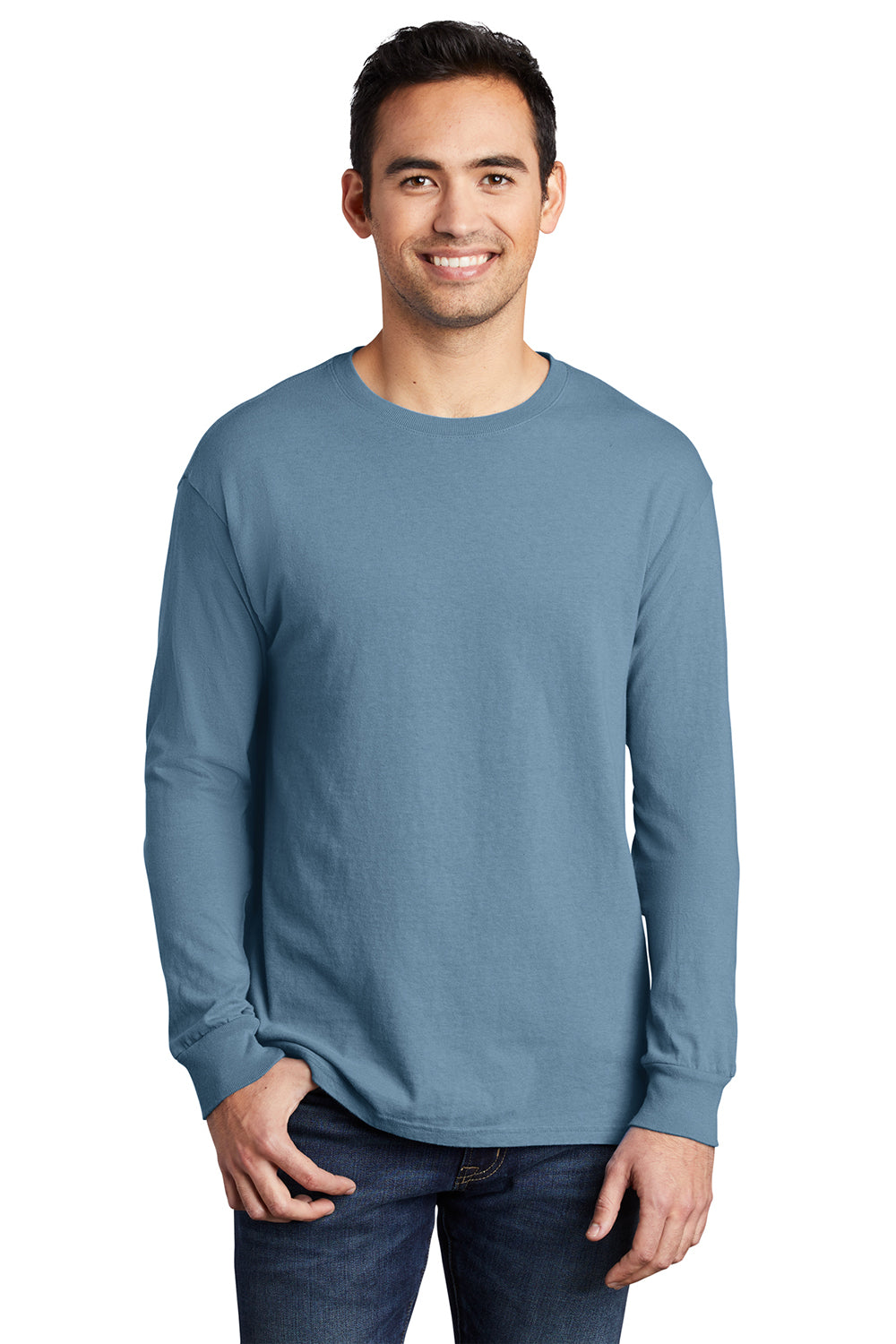 Port & Company PC099LS Mens Beach Wash Long Sleeve Crewneck T-Shirt Mist Blue Model Front