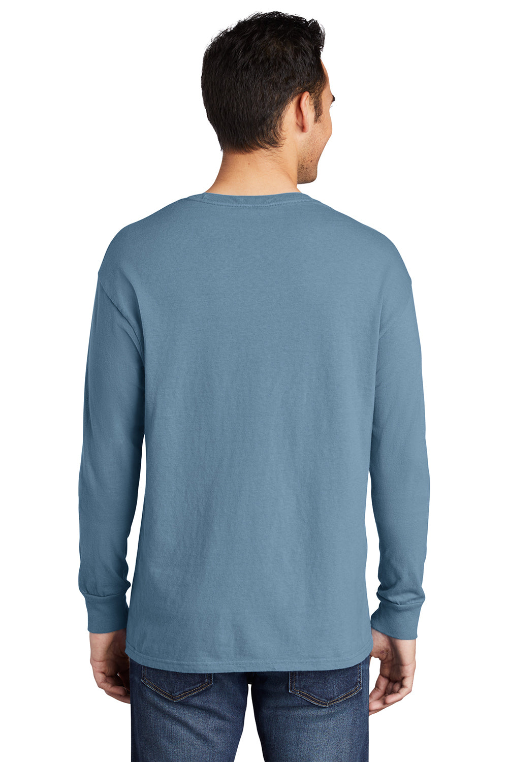 Port & Company PC099LS Mens Beach Wash Long Sleeve Crewneck T-Shirt Mist Blue Model Back