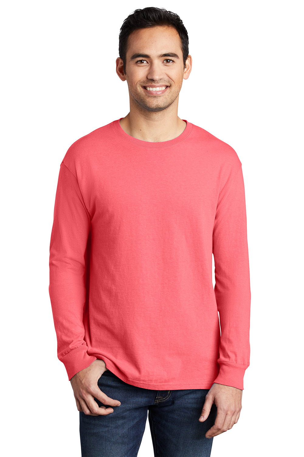 Port & Company PC099LS Mens Beach Wash Long Sleeve Crewneck T-Shirt Neon Coral Model Front