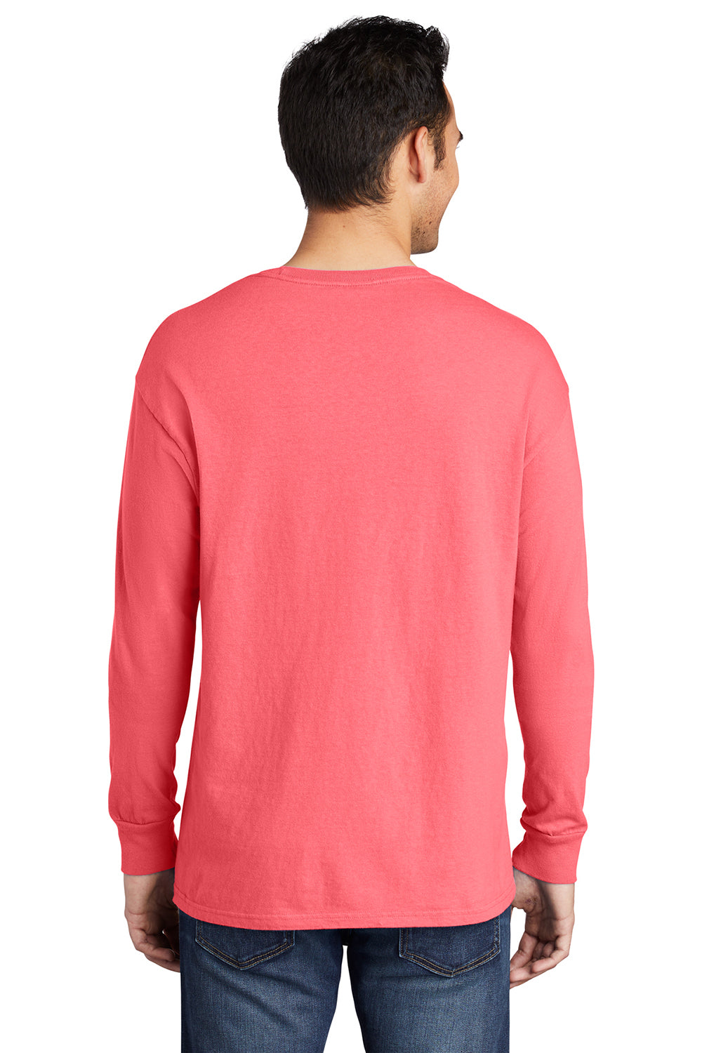 Port & Company PC099LS Mens Beach Wash Long Sleeve Crewneck T-Shirt Neon Coral Model Back