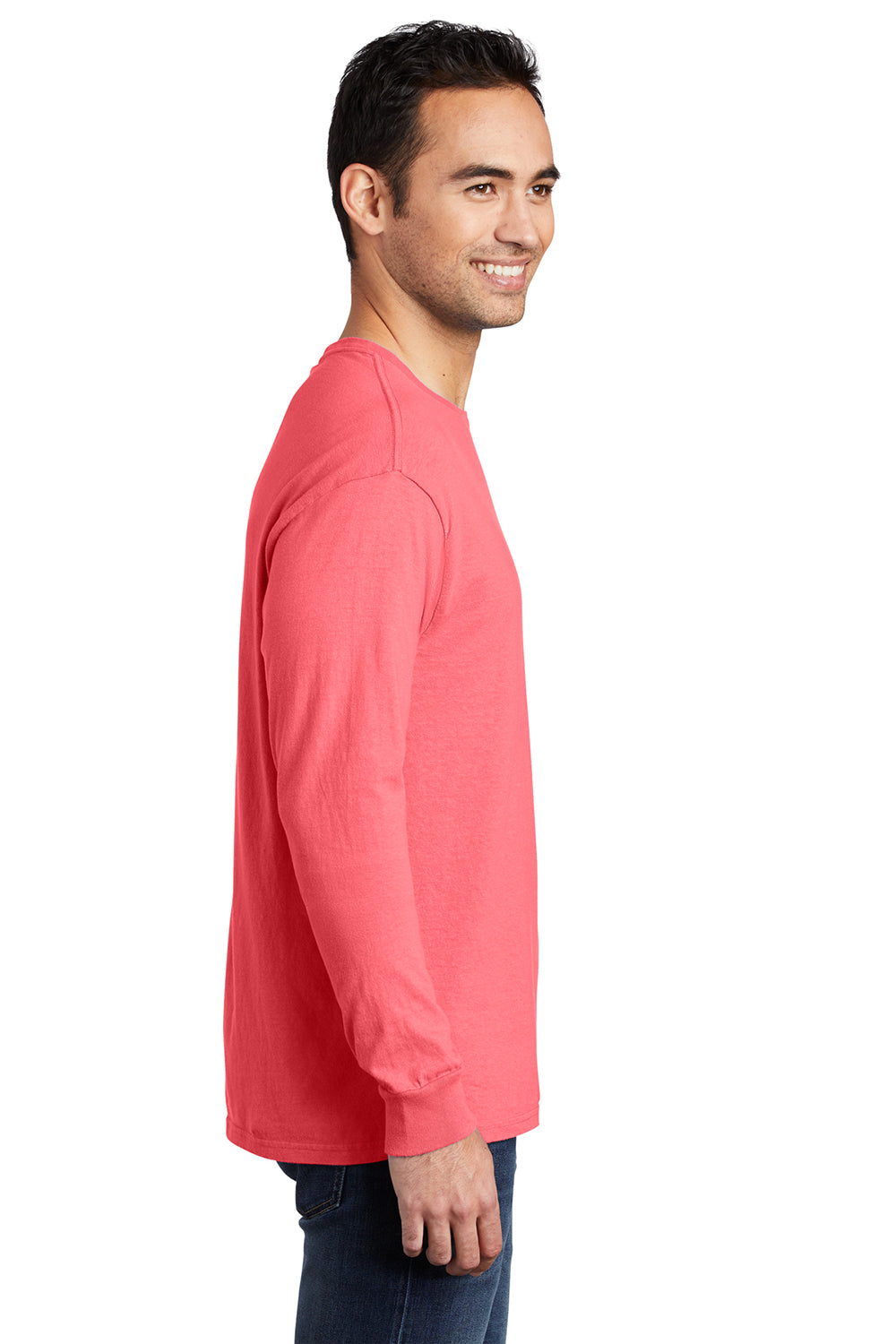 Port & Company PC099LS Mens Beach Wash Long Sleeve Crewneck T-Shirt Neon Coral Model Side