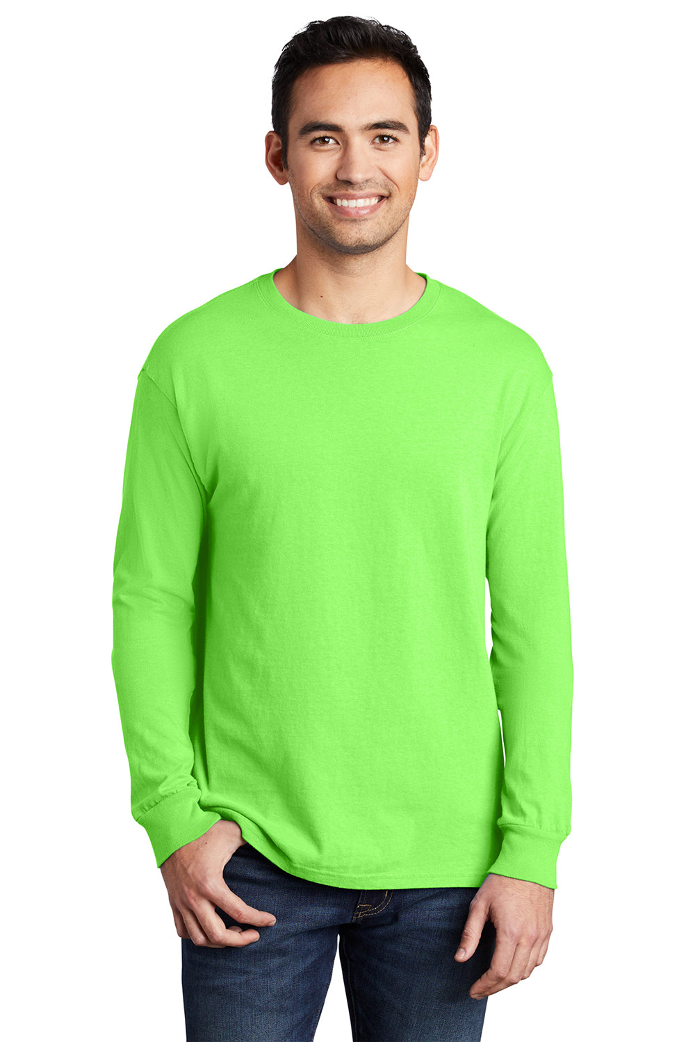 Port & Company PC099LS Mens Beach Wash Long Sleeve Crewneck T-Shirt Neon Green Model Front