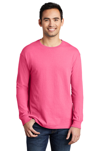 Port & Company PC099LS Mens Beach Wash Long Sleeve Crewneck T-Shirt Neon Pink Model Front