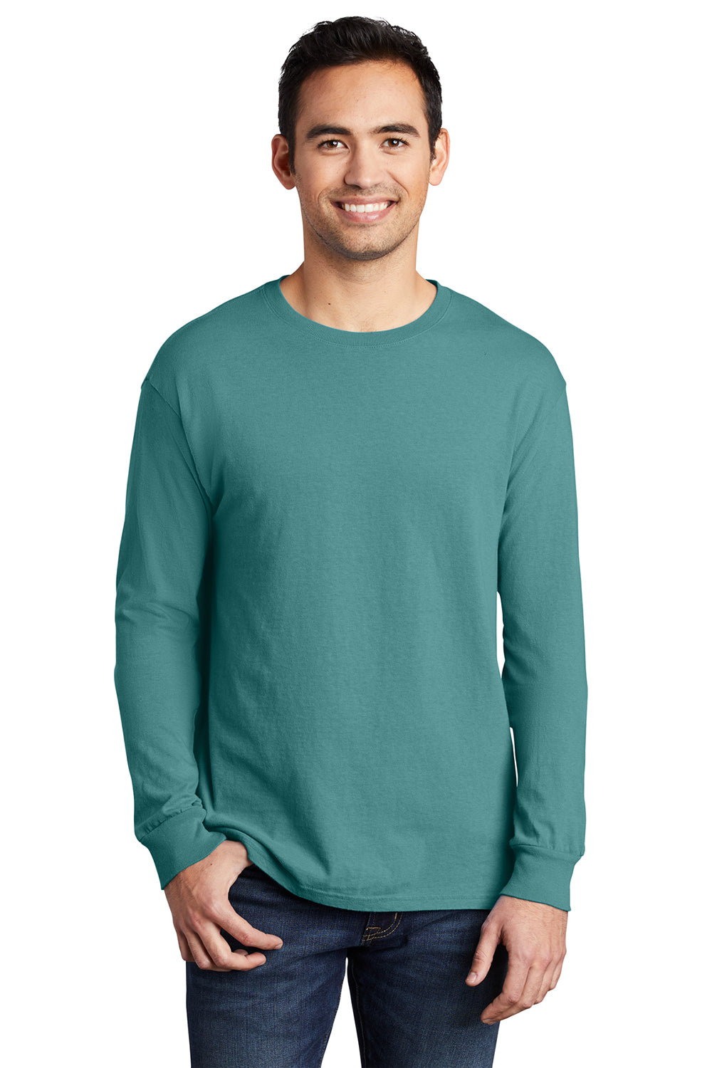 Port & Company PC099LS Mens Beach Wash Long Sleeve Crewneck T-Shirt Peacock Green Model Front