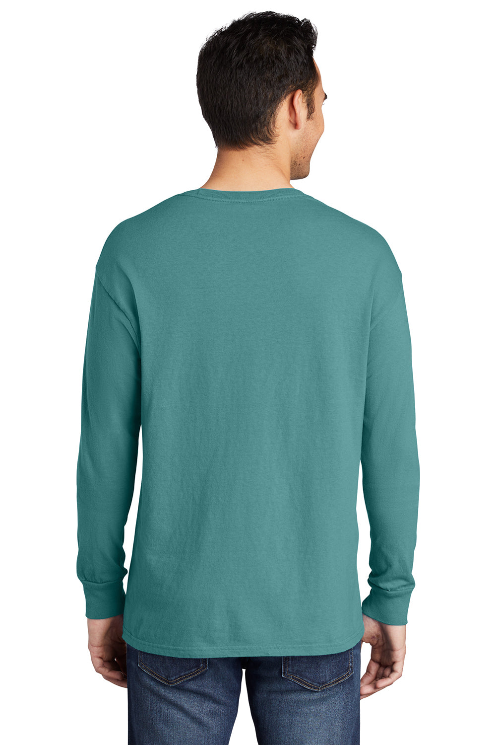 Port & Company PC099LS Mens Beach Wash Long Sleeve Crewneck T-Shirt Peacock Green Model Back