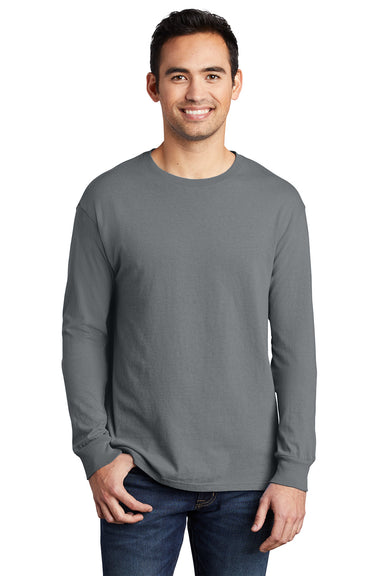 Port & Company PC099LS Mens Beach Wash Long Sleeve Crewneck T-Shirt Pewter Grey Model Front