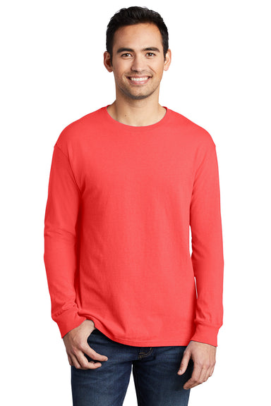 Port & Company PC099LS Mens Beach Wash Long Sleeve Crewneck T-Shirt Poppy Red Model Front