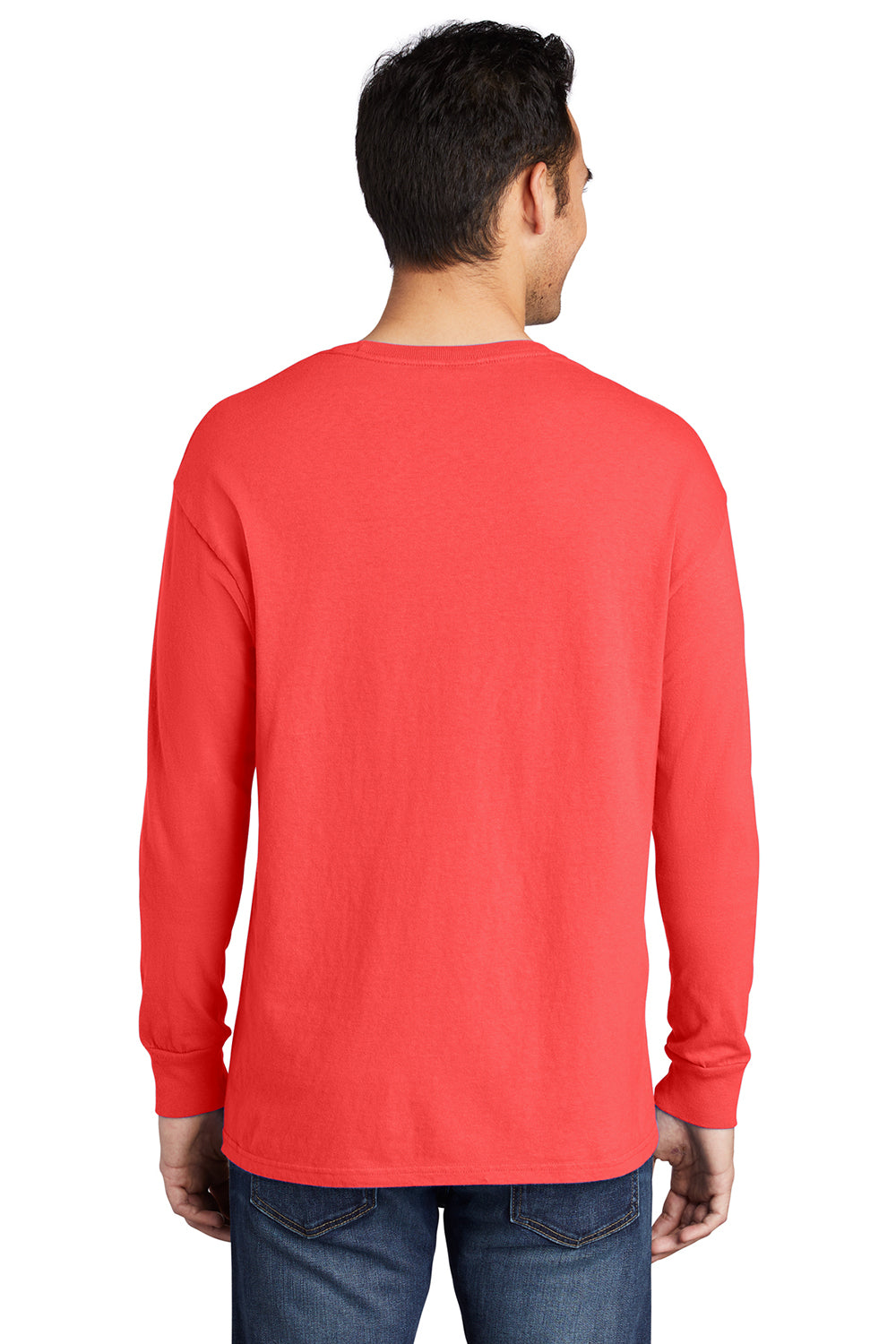 Port & Company PC099LS Mens Beach Wash Long Sleeve Crewneck T-Shirt Poppy Red Model Back