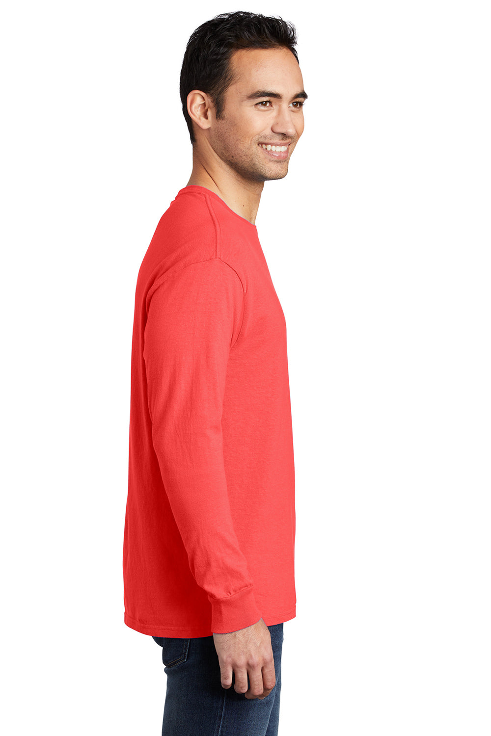 Port & Company PC099LS Mens Beach Wash Long Sleeve Crewneck T-Shirt Poppy Red Model Side