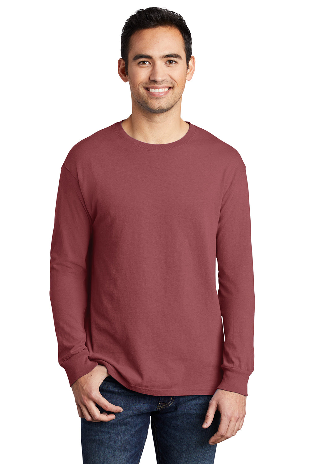 Port & Company PC099LS Mens Beach Wash Long Sleeve Crewneck T-Shirt Red Rock Model Front