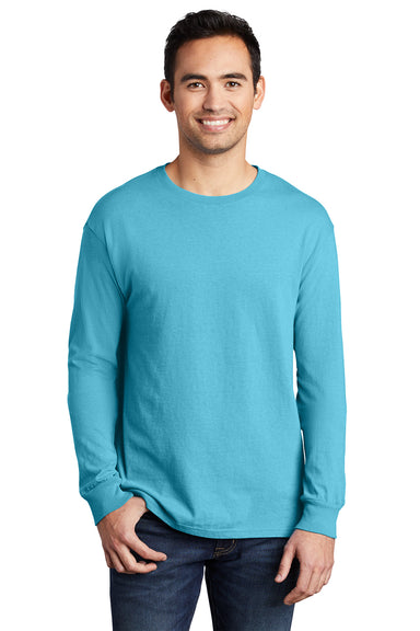 Port & Company PC099LS Mens Beach Wash Long Sleeve Crewneck T-Shirt Tidal Wave Blue Model Front