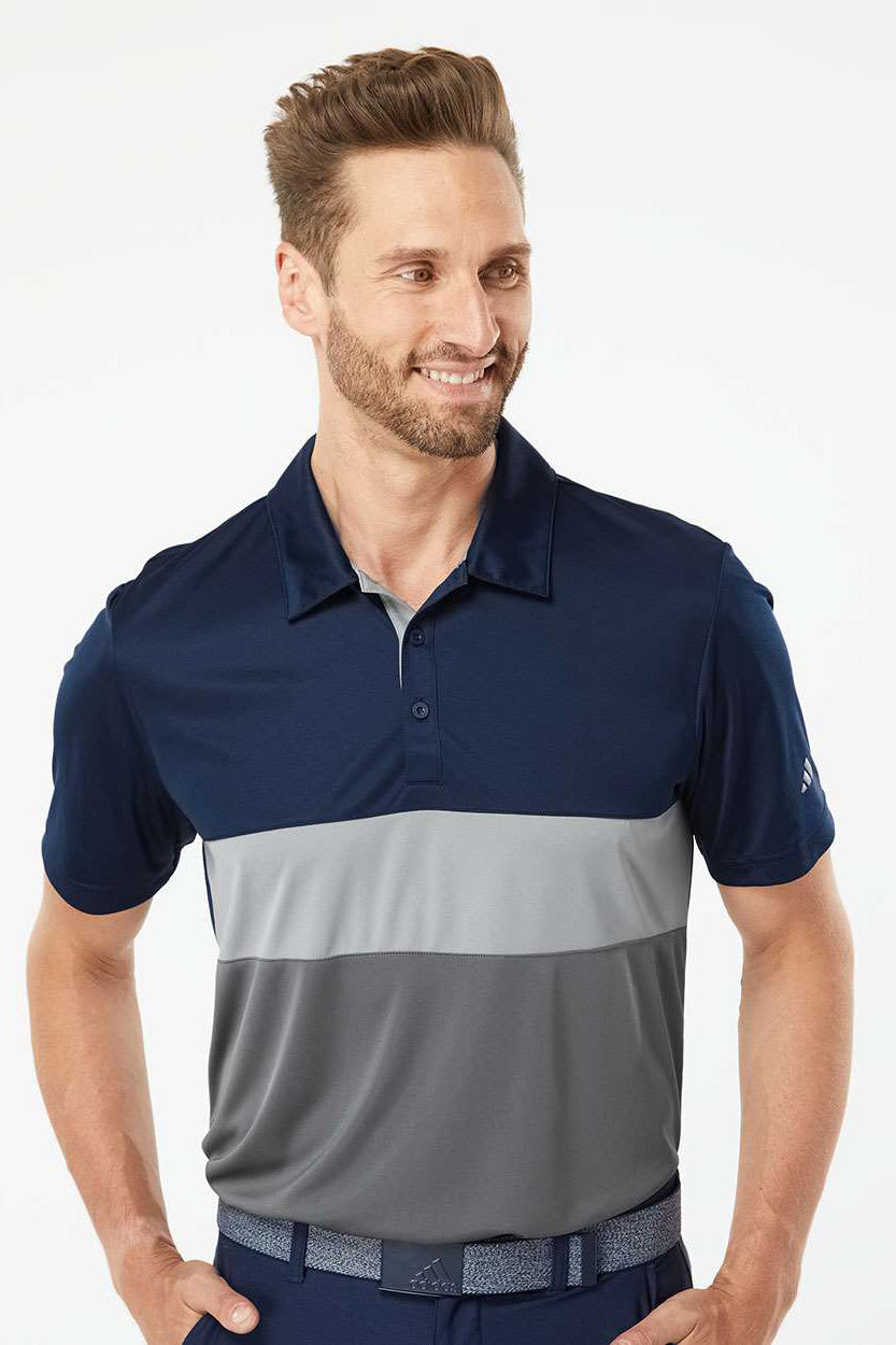 Adidas A236 Mens Merch Block UPF 50+ Short Sleeve Polo Shirt Collegiate Navy Blue/Grey Model Front