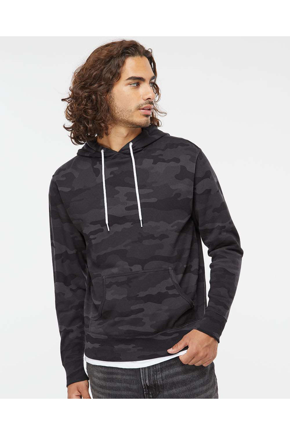 Independent Trading Co. AFX90UN Mens Hooded Sweatshirt Hoodie Black Camo Model Front