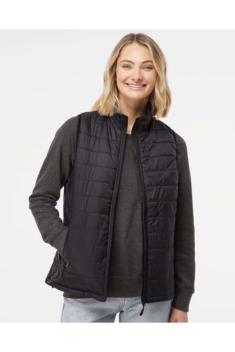 Independent Trading Co. EXP220PFV Womens Full Zip Puffer Vest Black Model Front