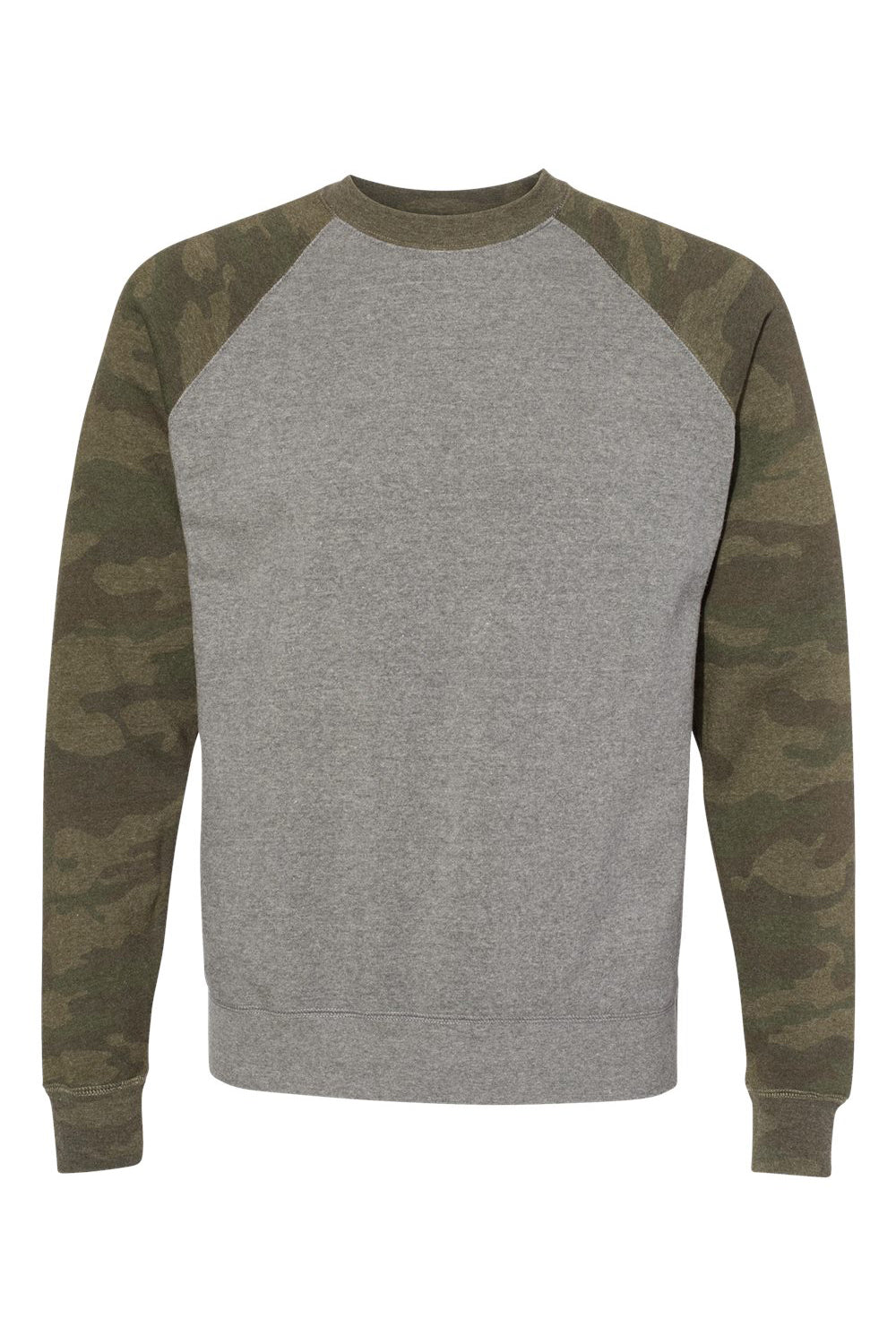 Independent Trading Co. PRM30SBC Mens Special Blend Crewneck Raglan Sweatshirt Heather Nickel Grey/Forest Green Camo Flat Front