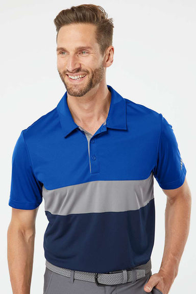 Adidas A236 Mens Merch Block UPF 50+ Short Sleeve Polo Shirt Collegiate Royal Blue/Grey Model Front