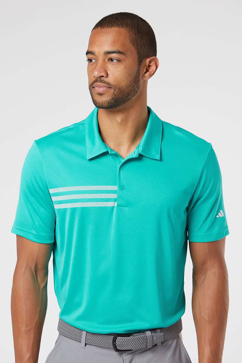 Adidas A324 Mens 3 Stripes UPF 50+ Short Sleeve Polo Shirt Hi-Res Aqua/White Model Front