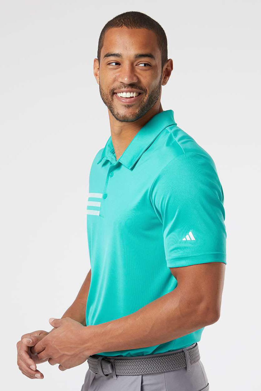 Adidas A324 Mens 3 Stripes UPF 50+ Short Sleeve Polo Shirt Hi-Res Aqua/White Model Side