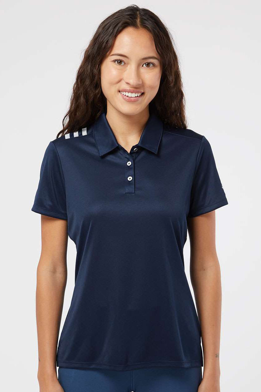 Adidas A325 Womens 3 Stripes UPF 50+ Short Sleeve Polo Shirt Collegiate Navy Blue/White Model Front