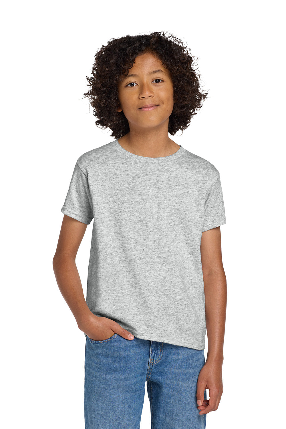 Gildan 8000B/G800B Youth DryBlend Moisture Wicking Short Sleeve Crewneck T-Shirt Ash Grey Model Front