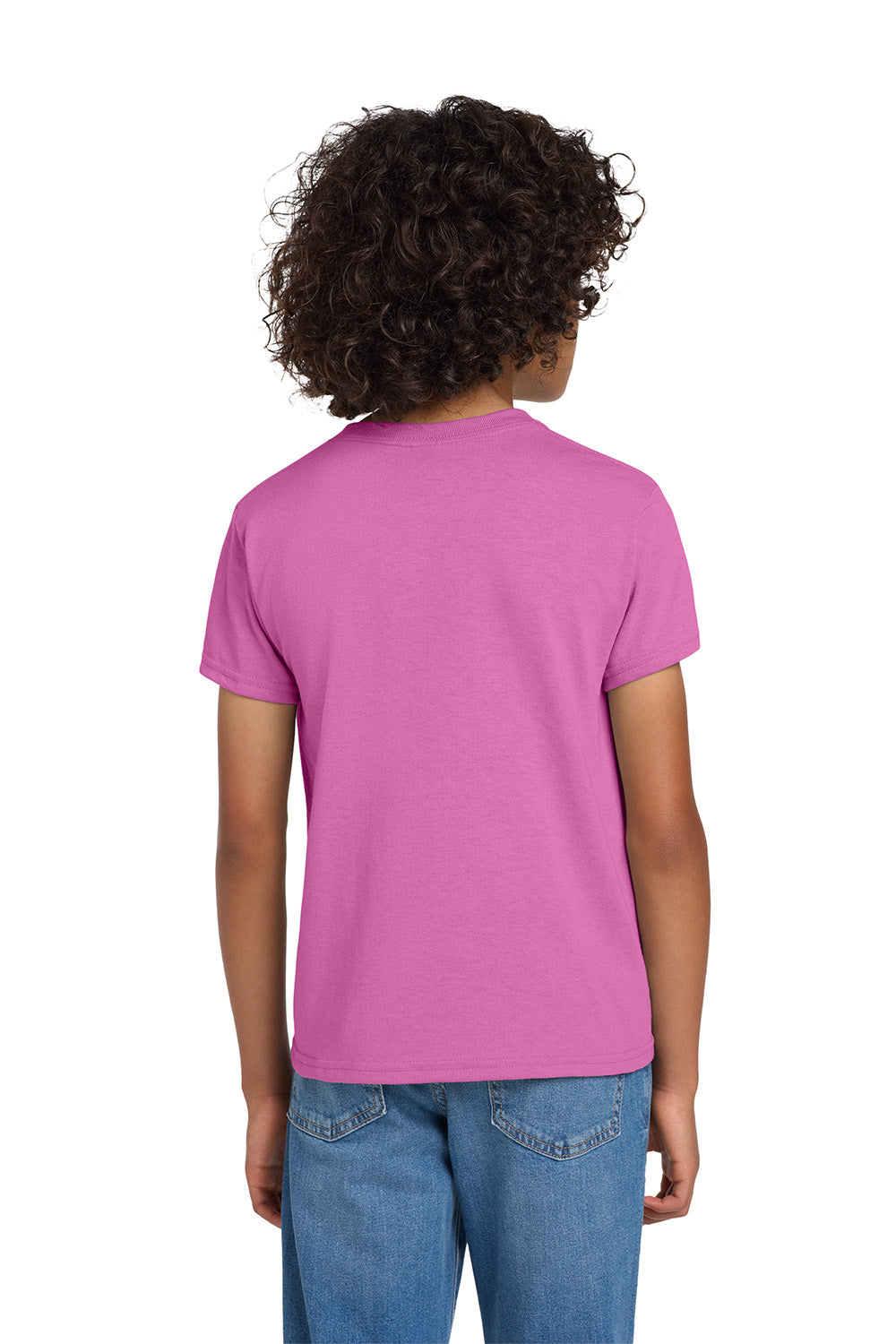 Gildan 8000B/G800B Youth DryBlend Moisture Wicking Short Sleeve Crewneck T-Shirt Azalea Pink Model Back