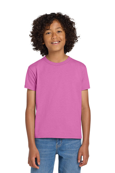 Gildan 8000B/G800B Youth DryBlend Moisture Wicking Short Sleeve Crewneck T-Shirt Azalea Pink Model Front