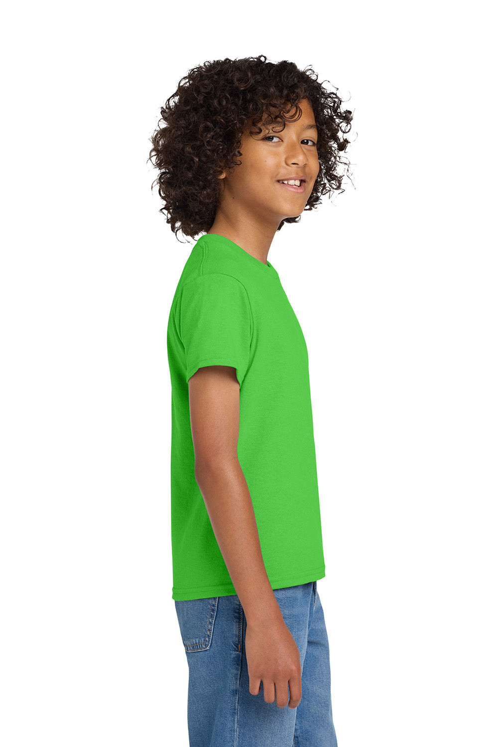 Gildan 8000B/G800B Youth DryBlend Moisture Wicking Short Sleeve Crewneck T-Shirt Electric Green Model Side