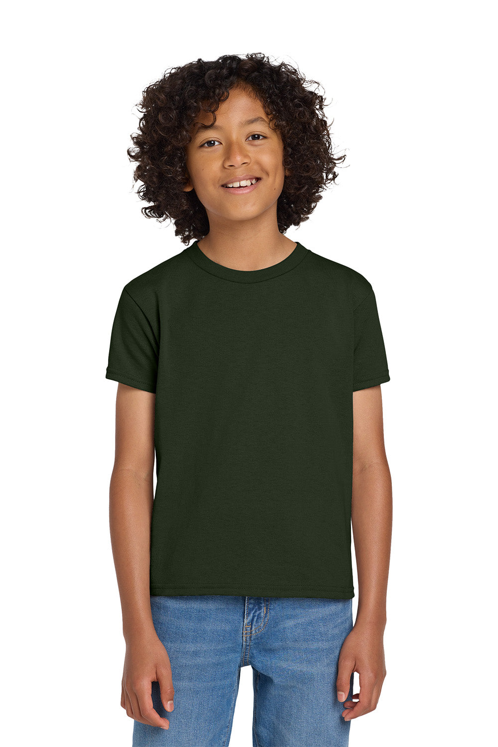 Gildan 8000B/G800B Youth DryBlend Moisture Wicking Short Sleeve Crewneck T-Shirt Forest Green Model Front