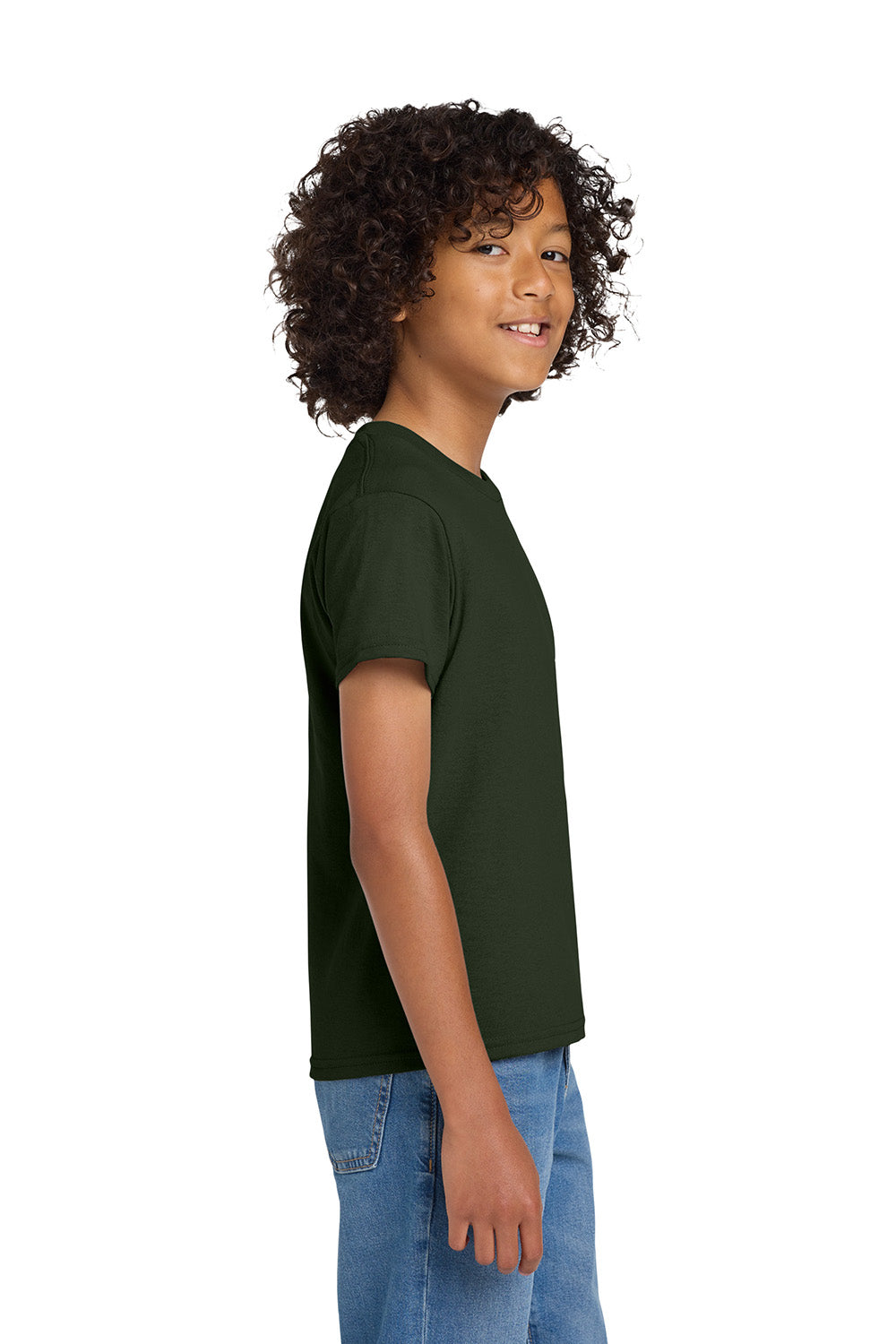 Gildan 8000B/G800B Youth DryBlend Moisture Wicking Short Sleeve Crewneck T-Shirt Forest Green Model Side