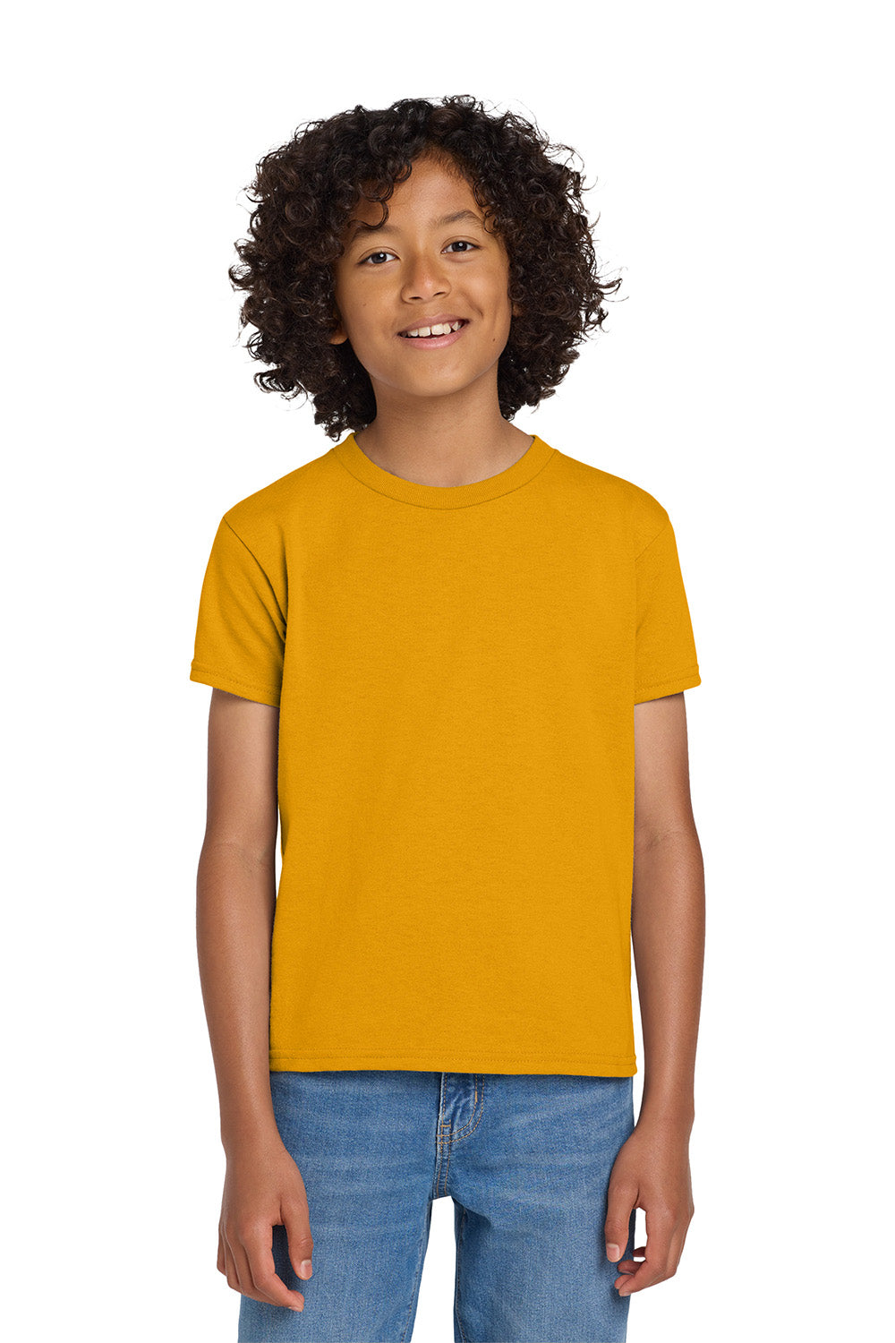 Gildan 8000B/G800B Youth DryBlend Moisture Wicking Short Sleeve Crewneck T-Shirt Gold Model Front