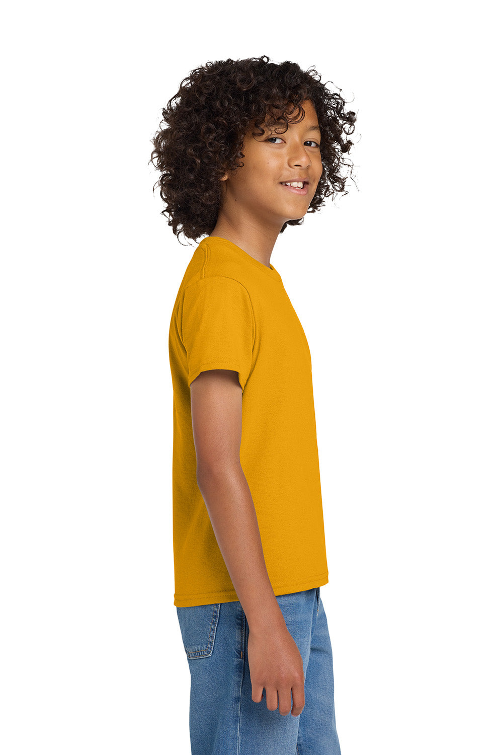 Gildan 8000B/G800B Youth DryBlend Moisture Wicking Short Sleeve Crewneck T-Shirt Gold Model Side