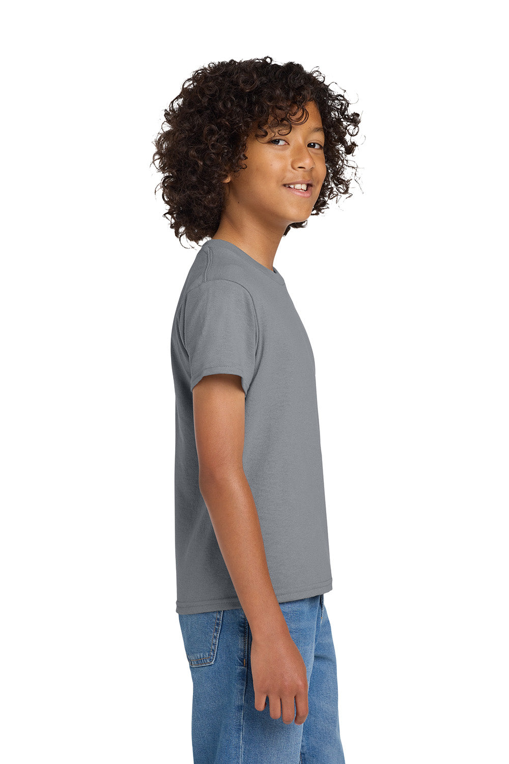 Gildan 8000B/G800B Youth DryBlend Moisture Wicking Short Sleeve Crewneck T-Shirt Gravel Grey Model Side