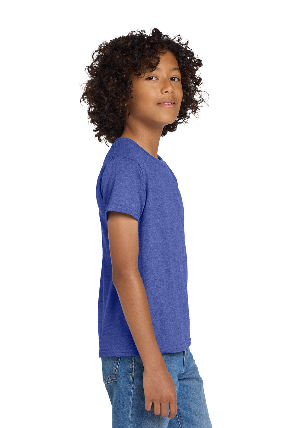 Gildan 8000B/G800B Youth DryBlend Moisture Wicking Short Sleeve Crewneck T-Shirt Heather Royal Blue Model Side