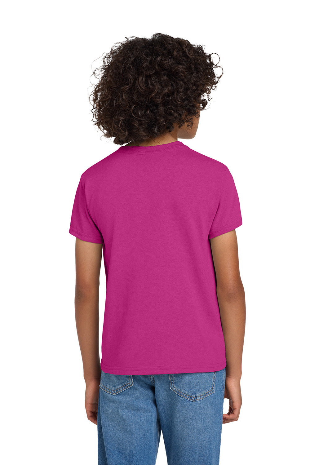 Gildan 8000B/G800B Youth DryBlend Moisture Wicking Short Sleeve Crewneck T-Shirt Heliconia Pink Model Back