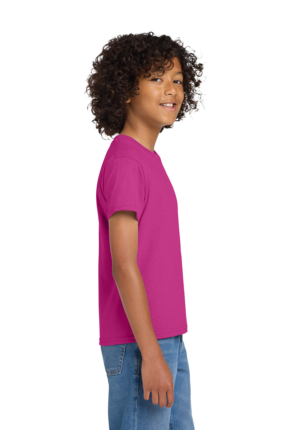 Gildan 8000B/G800B Youth DryBlend Moisture Wicking Short Sleeve Crewneck T-Shirt Heliconia Pink Model Side