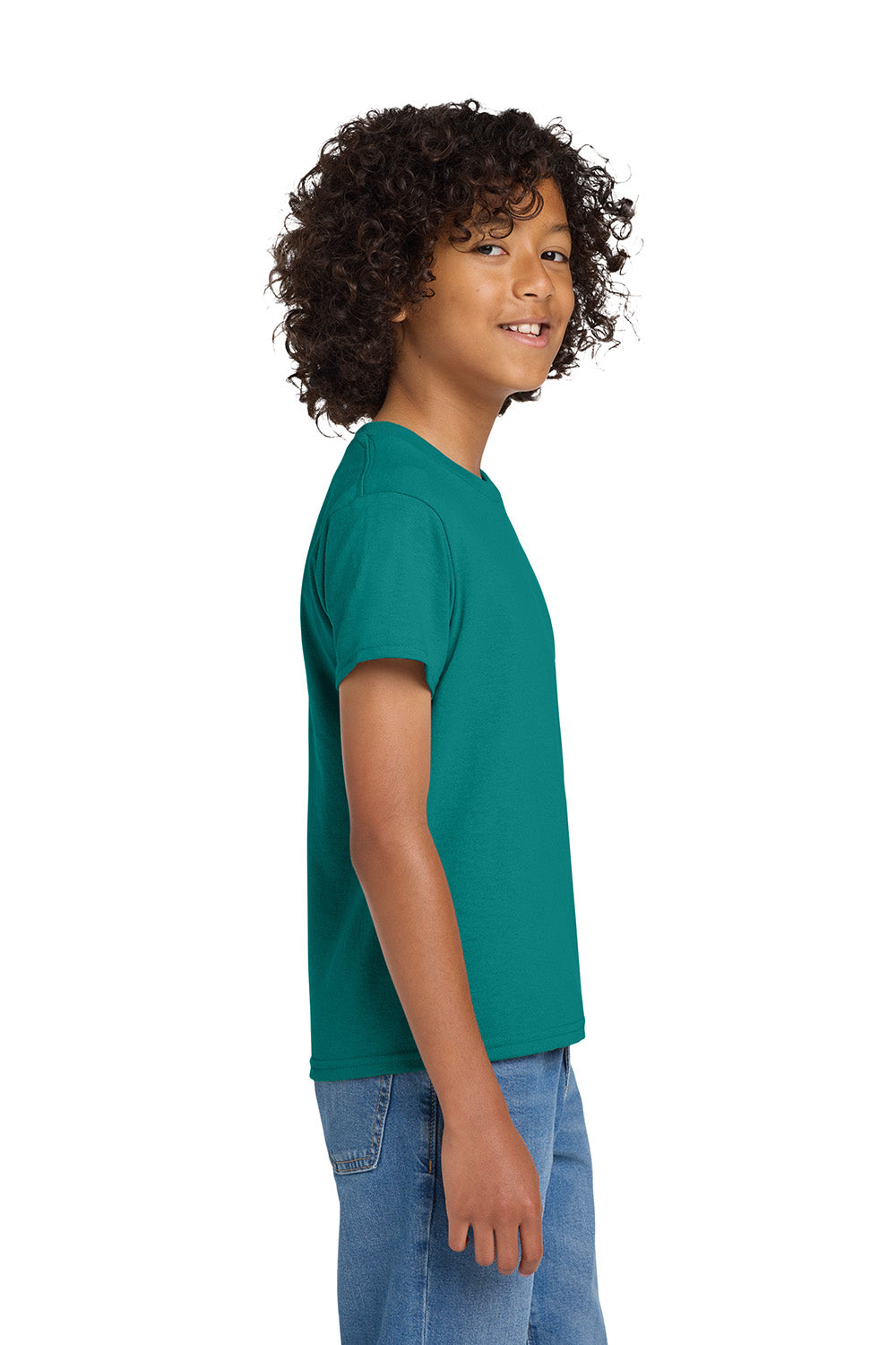 Gildan 8000B/G800B Youth DryBlend Moisture Wicking Short Sleeve Crewneck T-Shirt Jade Dome Green Model Side