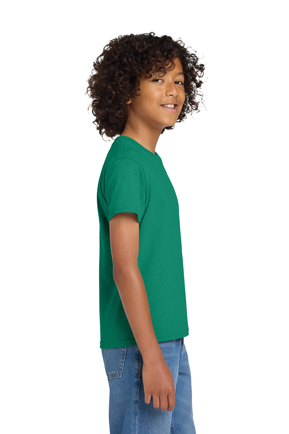 Gildan 8000B/G800B Youth DryBlend Moisture Wicking Short Sleeve Crewneck T-Shirt Kelly Green Model Side