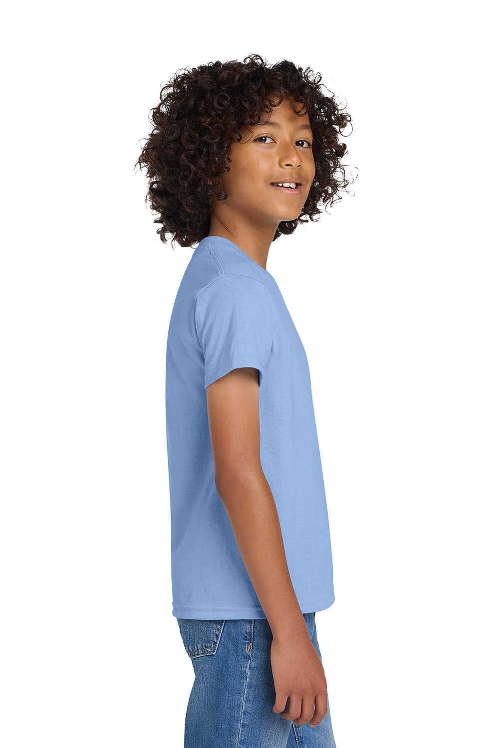 Gildan 8000B/G800B Youth DryBlend Moisture Wicking Short Sleeve Crewneck T-Shirt Light Blue Model Side