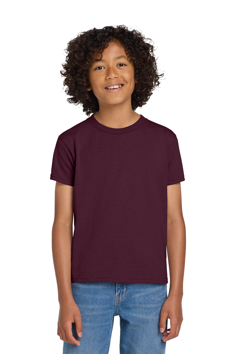 Gildan 8000B/G800B Youth DryBlend Moisture Wicking Short Sleeve Crewneck T-Shirt Maroon Model Front