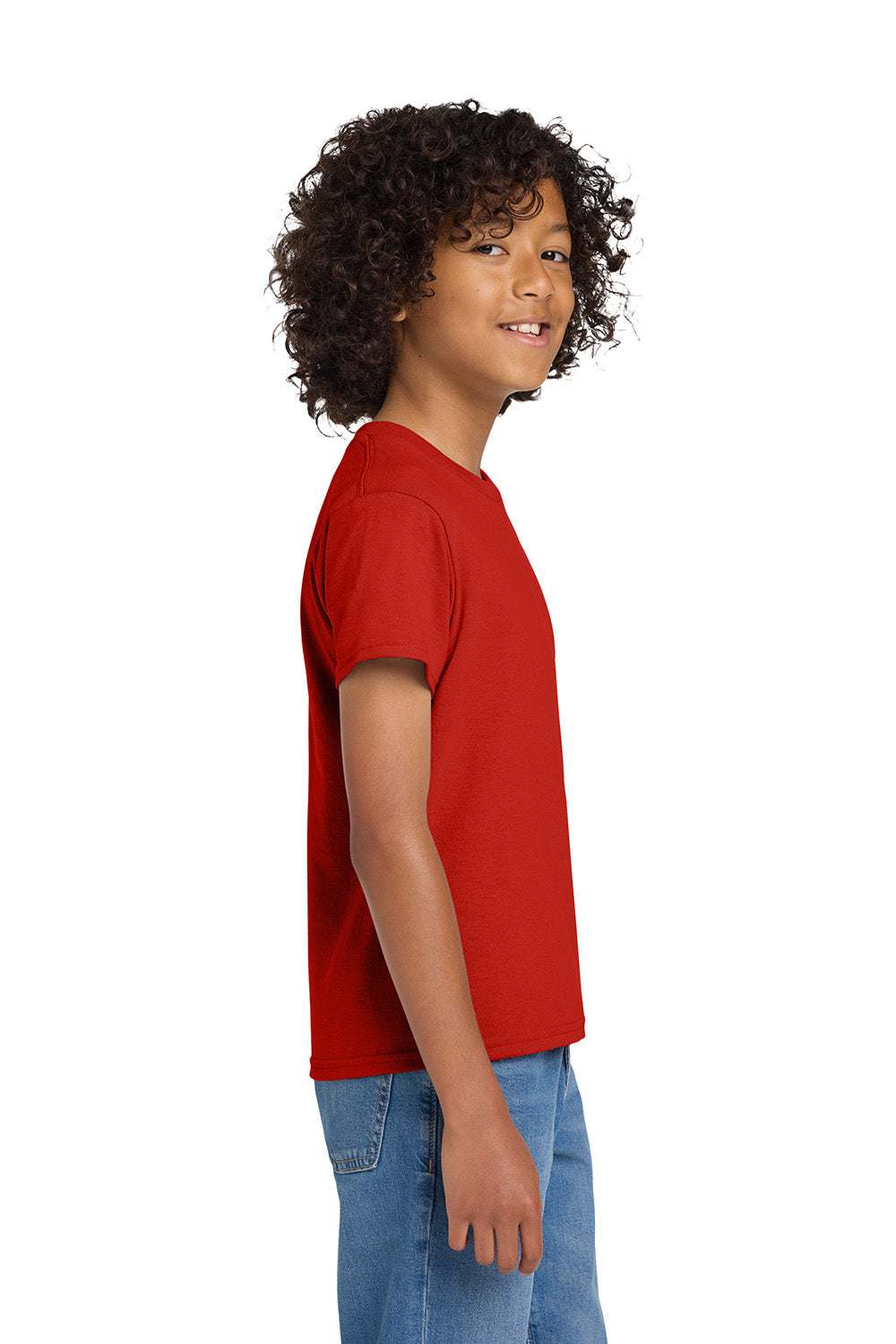 Gildan 8000B/G800B Youth DryBlend Moisture Wicking Short Sleeve Crewneck T-Shirt Red Model Side