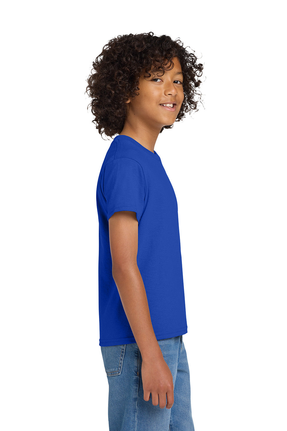 Gildan 8000B/G800B Youth DryBlend Moisture Wicking Short Sleeve Crewneck T-Shirt Royal Blue Model Side