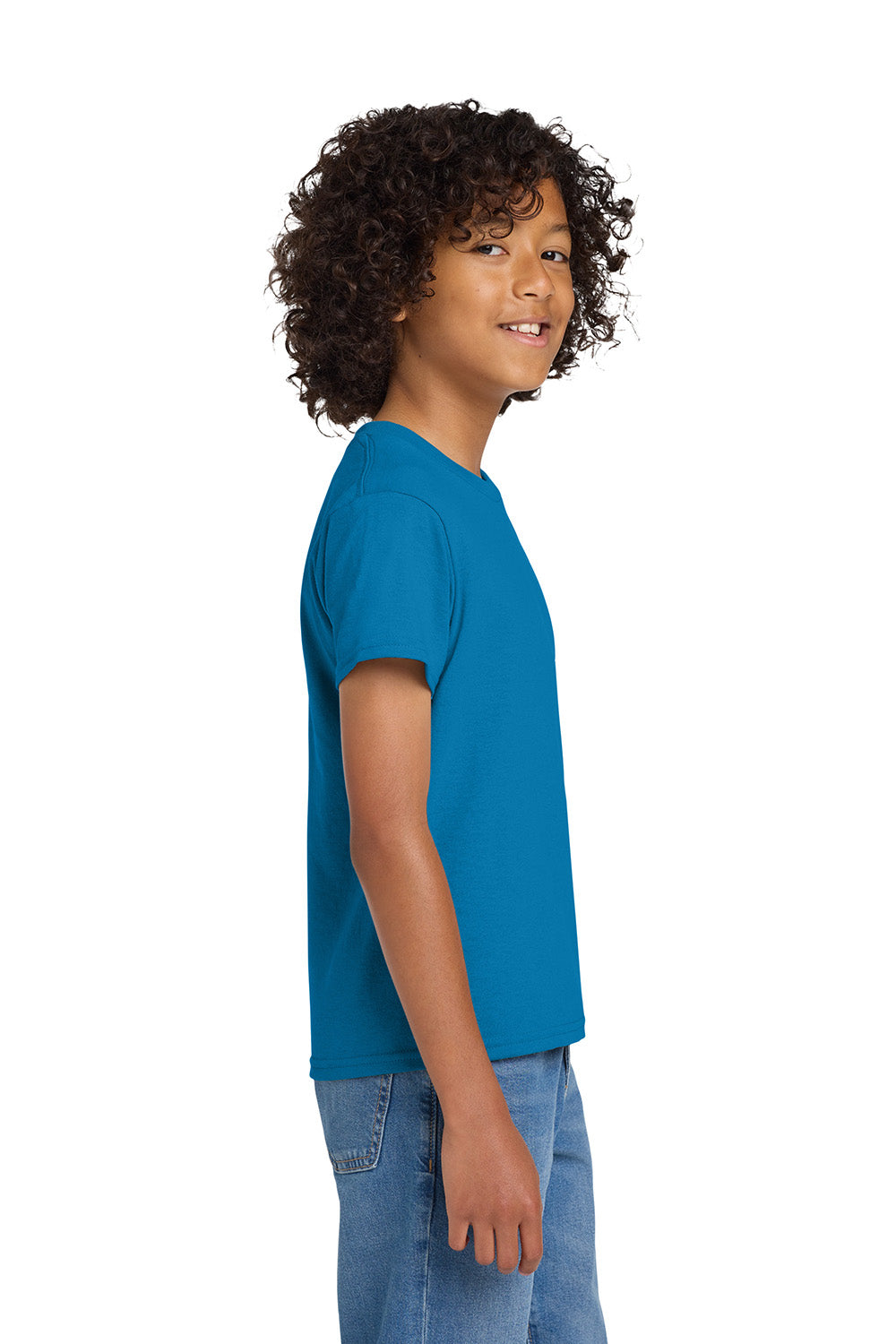 Gildan 8000B/G800B Youth DryBlend Moisture Wicking Short Sleeve Crewneck T-Shirt Sapphire Blue Model Side