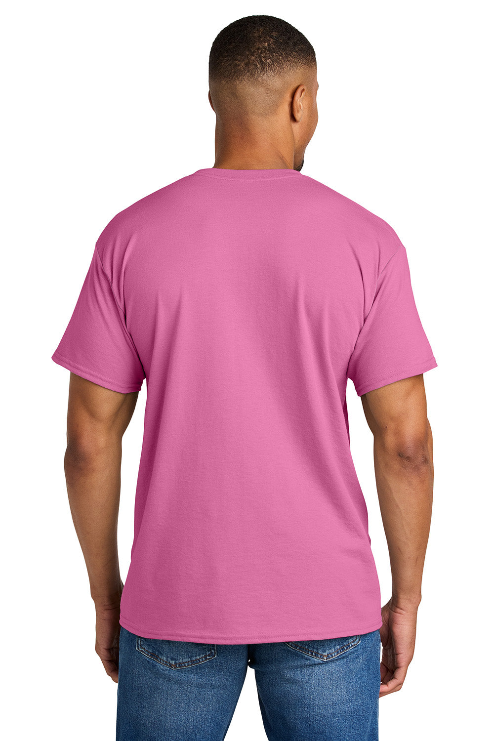 Gildan 8000/G800 Mens DryBlend Moisture Wicking Short Sleeve Crewneck T-Shirt Azalea Pink Model Back