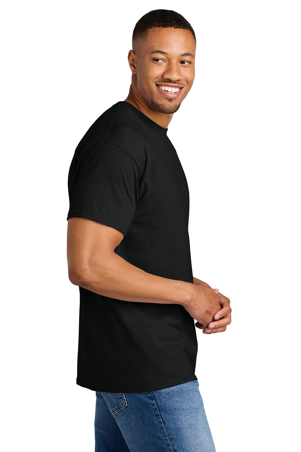 Gildan 8000/G800 Mens DryBlend Moisture Wicking Short Sleeve Crewneck T-Shirt Black Model Side