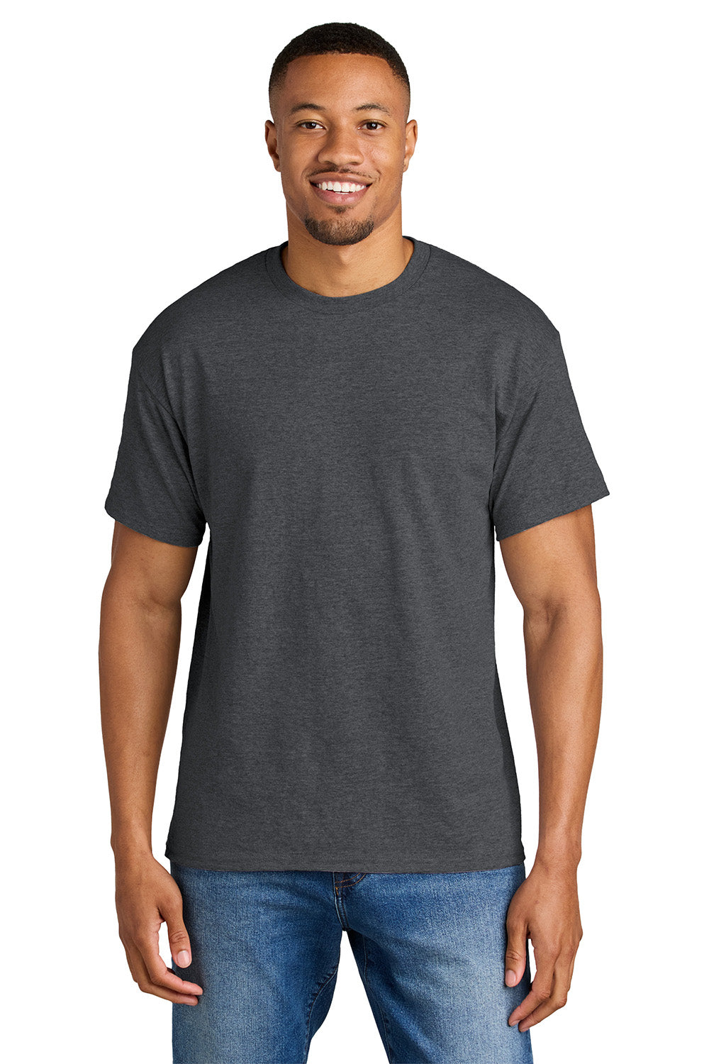 Gildan 8000/G800 Mens DryBlend Moisture Wicking Short Sleeve Crewneck T-Shirt Heather Dark Grey Model Front