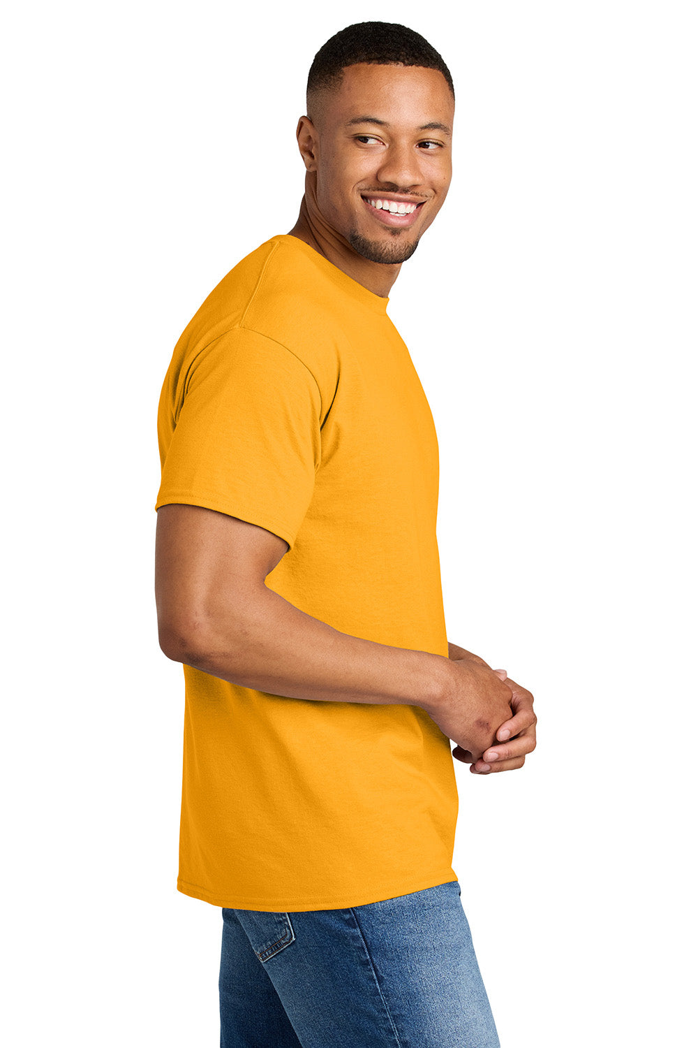 Gildan 8000/G800 Mens DryBlend Moisture Wicking Short Sleeve Crewneck T-Shirt Gold Model Side