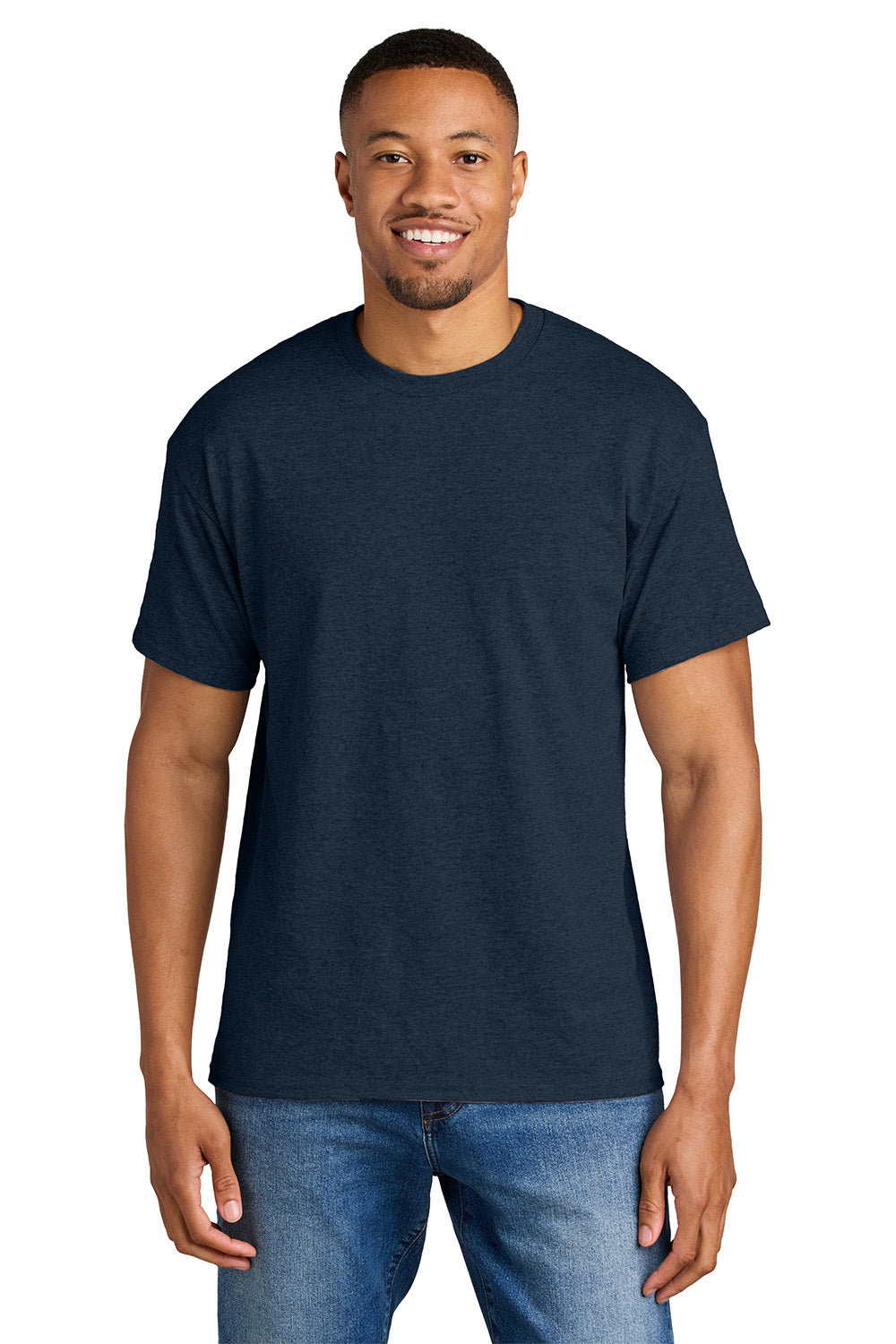 Gildan 8000/G800 Mens DryBlend Moisture Wicking Short Sleeve Crewneck T-Shirt Heather Dark Navy Blue Model Front