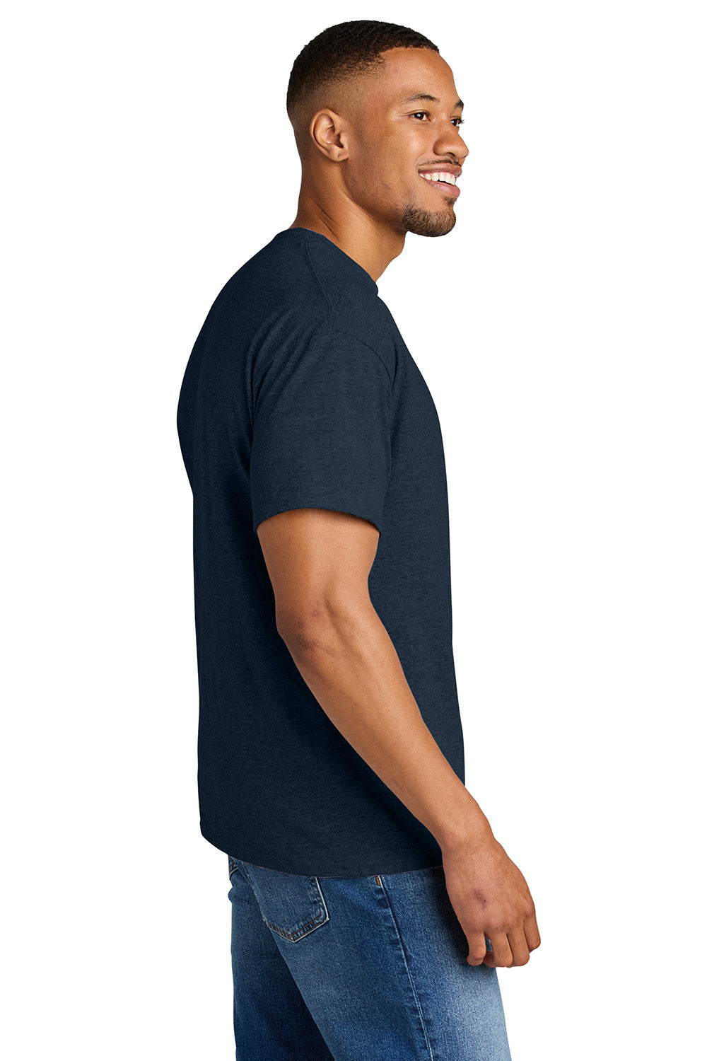 Gildan 8000/G800 Mens DryBlend Moisture Wicking Short Sleeve Crewneck T-Shirt Heather Dark Navy Blue Model Side